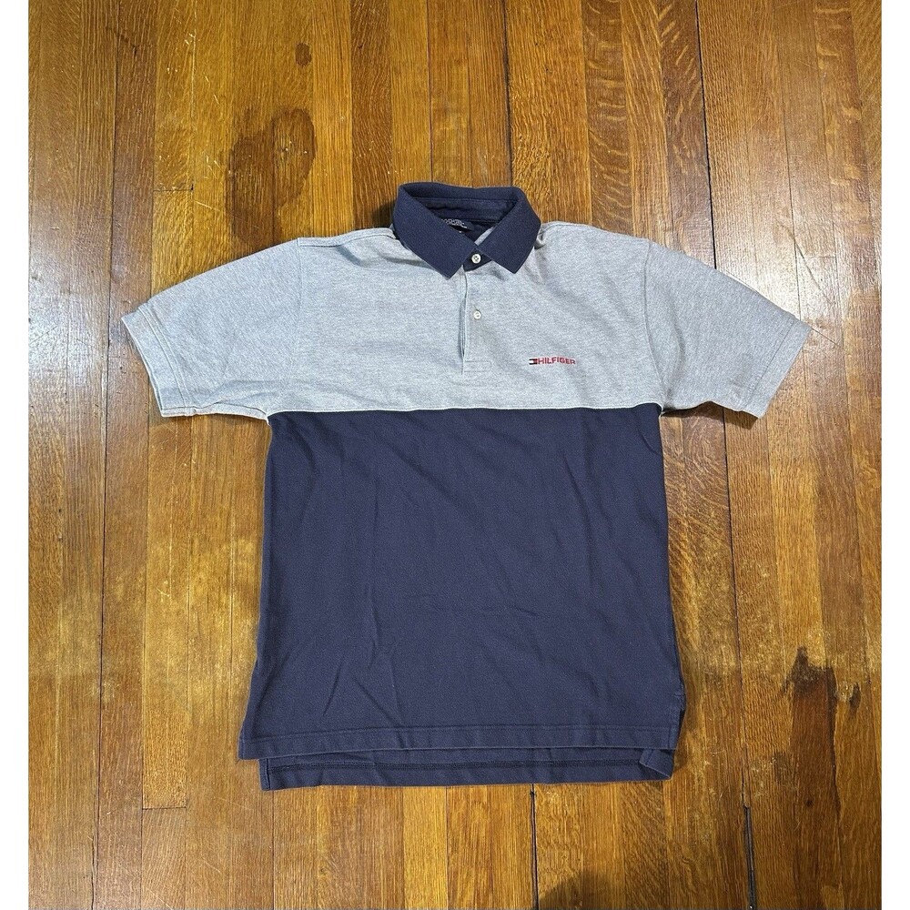 Vtg Tommy Hilfiger Polo Shirt Mens Medium Gray & Navy Blue Two Tone Color Block